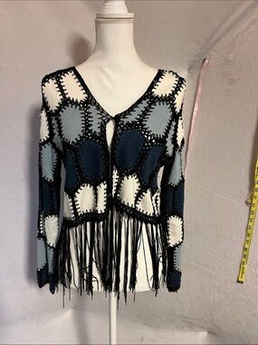 Adore Patchwork Fringe Crochet Cardigan - Navy, Light Blue & White